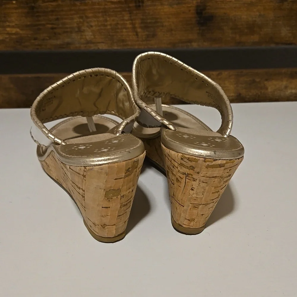 Jack Rogers Women's White and Gold Leather Upper Wedge Sandals Size 9.5